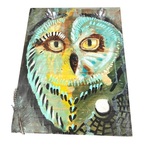 Art‎ Original Hand Painted Wise Ole Owl with Real Owl Feather On Wood 81/… - Picture 1 of 10